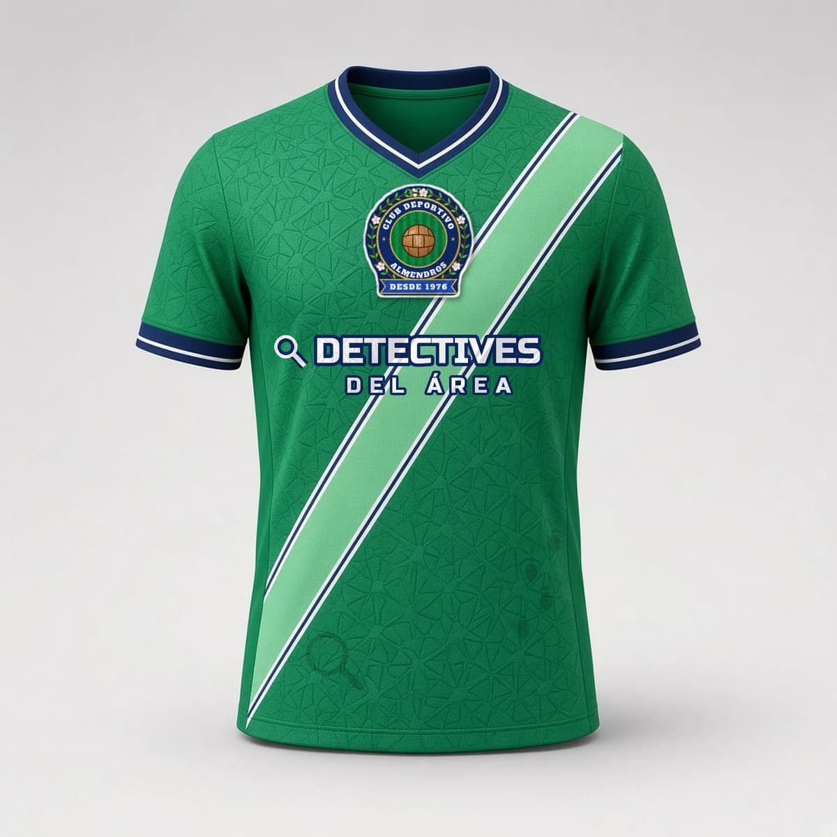 Detalle frontal de la camiseta verde del Almendros, con su escudo oficial y franja diagonal verde claro